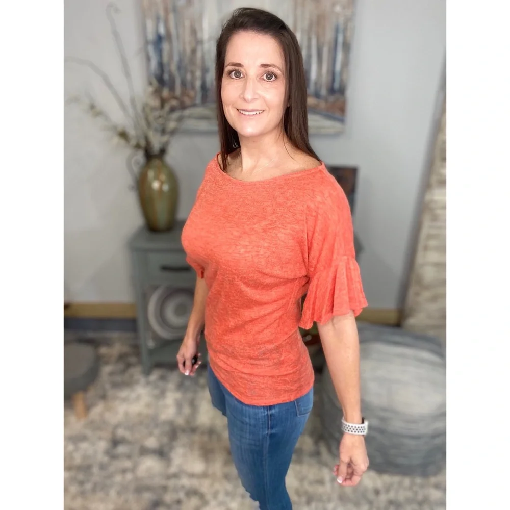 ❤️‍🔥Boat Neck Short Ruffle Bell Dolman Sleeve Top Coral 0922 - Picture 6 of 14